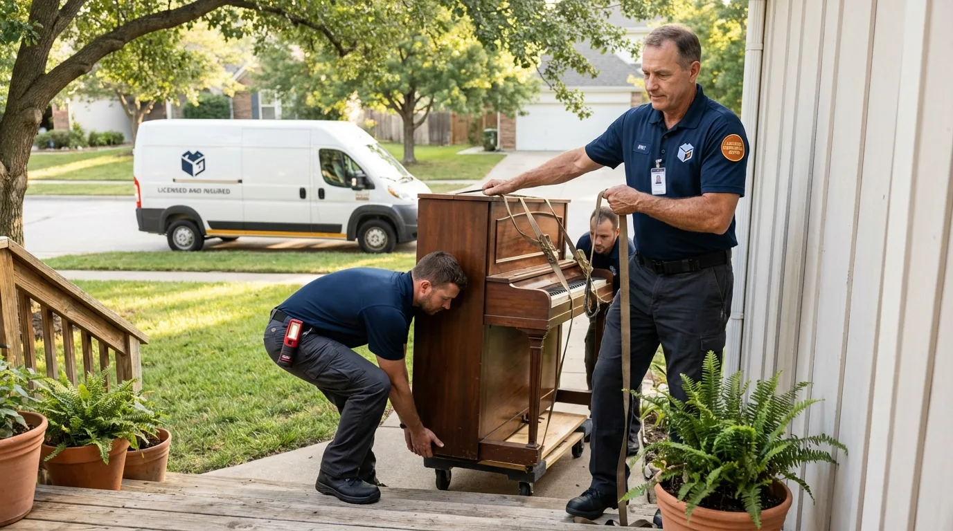 Licensed piano movers securing grand piano in Marshall, MO