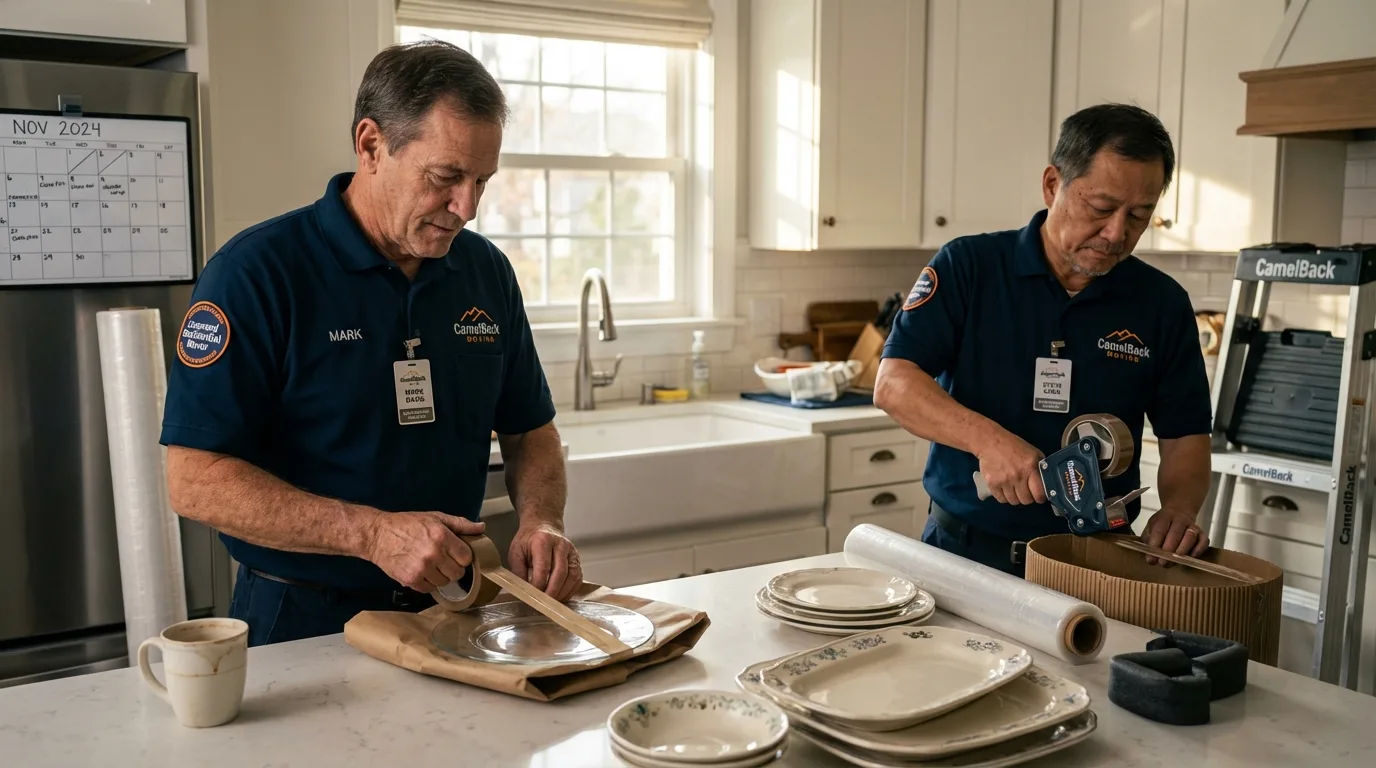 Professional crew packing kitchen dishware in Marshall, MO
